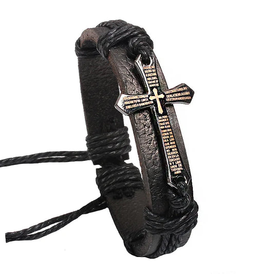 Pulseira ajustável de couro com cruz