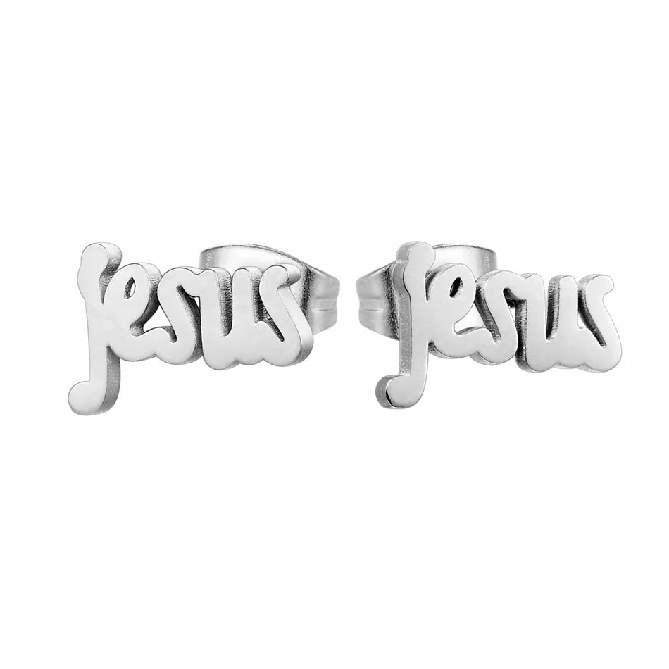 Jesus Script & Classic Cross Stud Earring