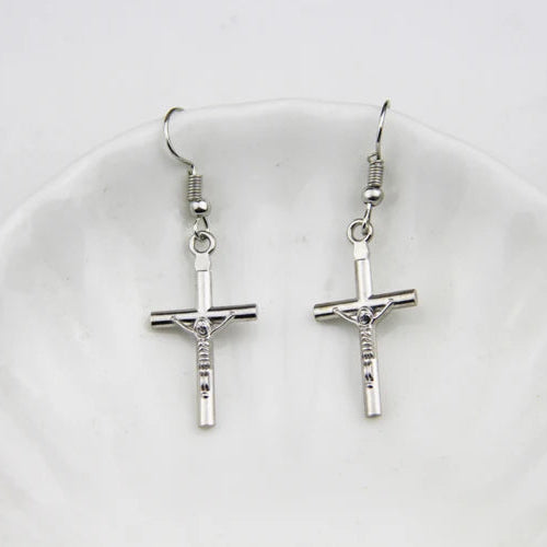 Minimalist Silver-Tone Crucifix Drop Earrings