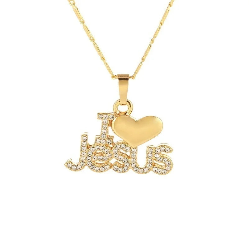 I Love Jesus Heart Necklace with Sparkling Lettering