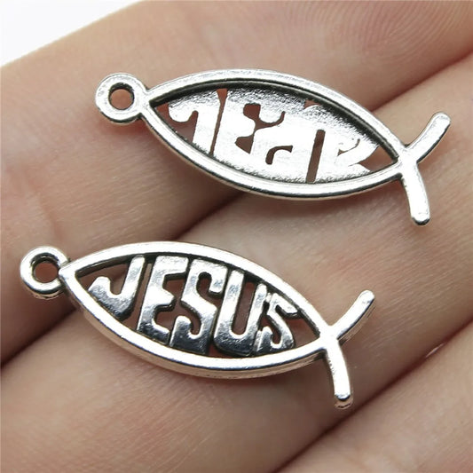 Pingentes de peixe de Jesus – acessórios de joalheria em tom de prata envelhecida