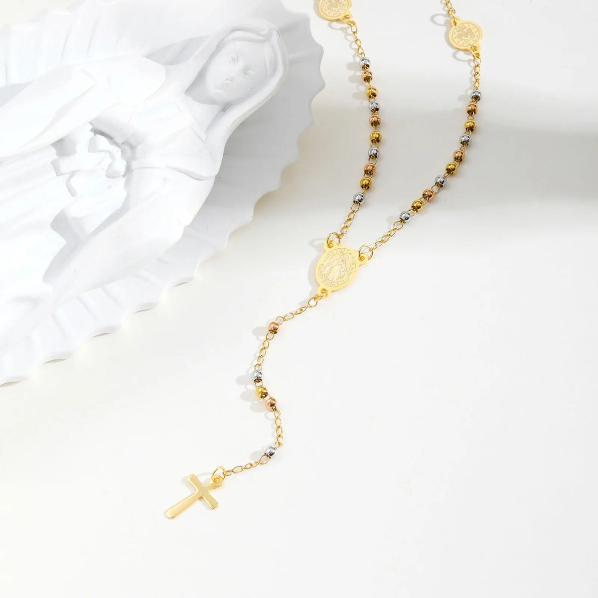Virgin Mary Rosary Necklace – Stainless Steel Cross
