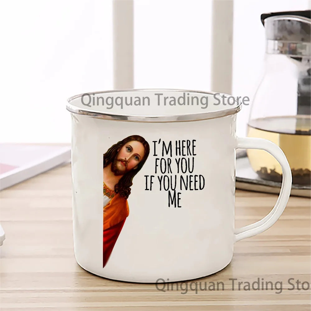 Humorous Jesus Peeking Enamel Mug