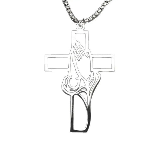 Praying Hands Cross Necklace – Stainless Steel Pendant