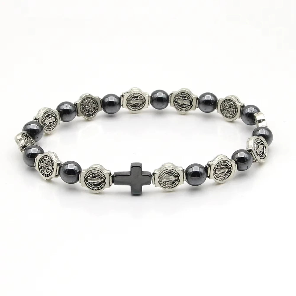 Catholic Saint Benedict Hematite Rosary Bracelet