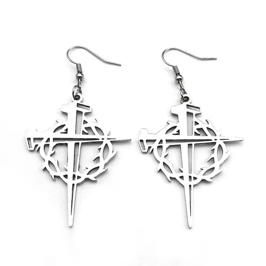 Crown of Thorns Cross Drop Earrings