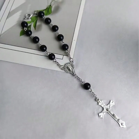 1. Pingentes para carro, pulseiras com cruz, pulseiras de rosário, acessórios automotivos com contas e presentes de joias com tema da fé cristã