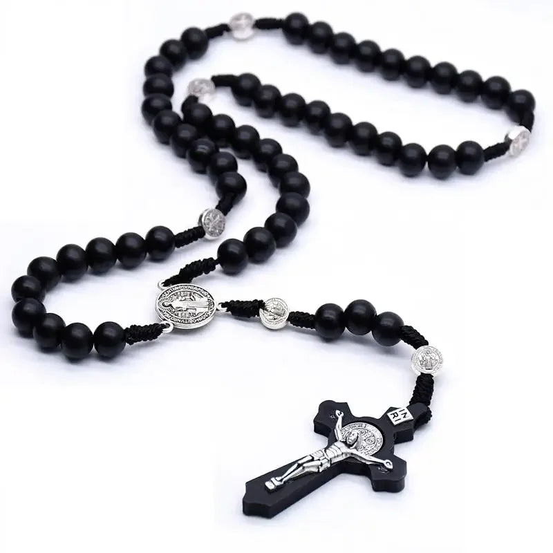 Christian Wooden Cross Car Pendant with Saint Benedict
