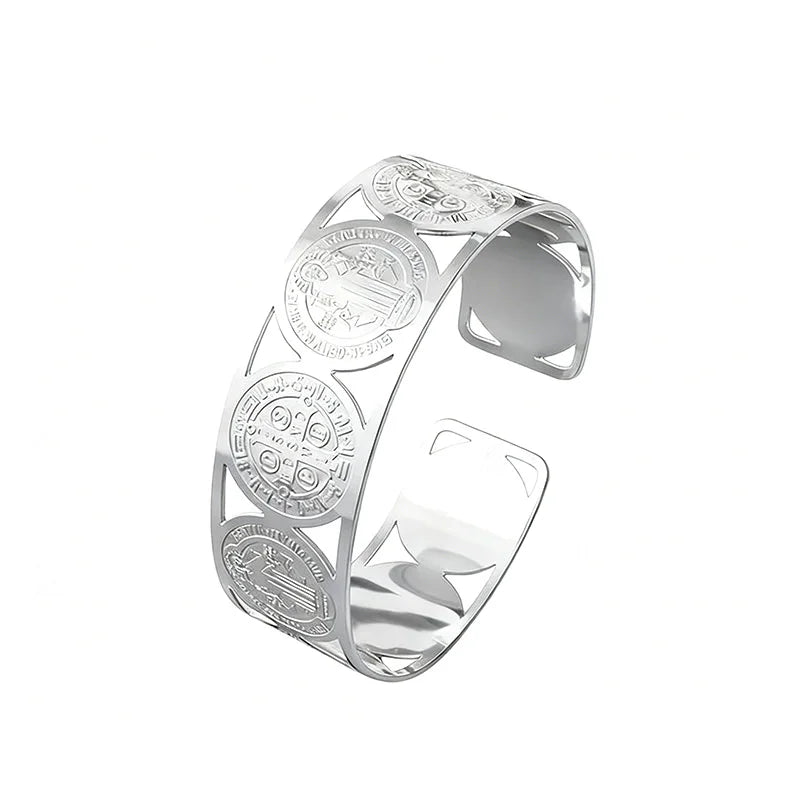 Manschettenarmband mit dem heiligen Benedikt – Katholischer Schmuck aus Edelstahl