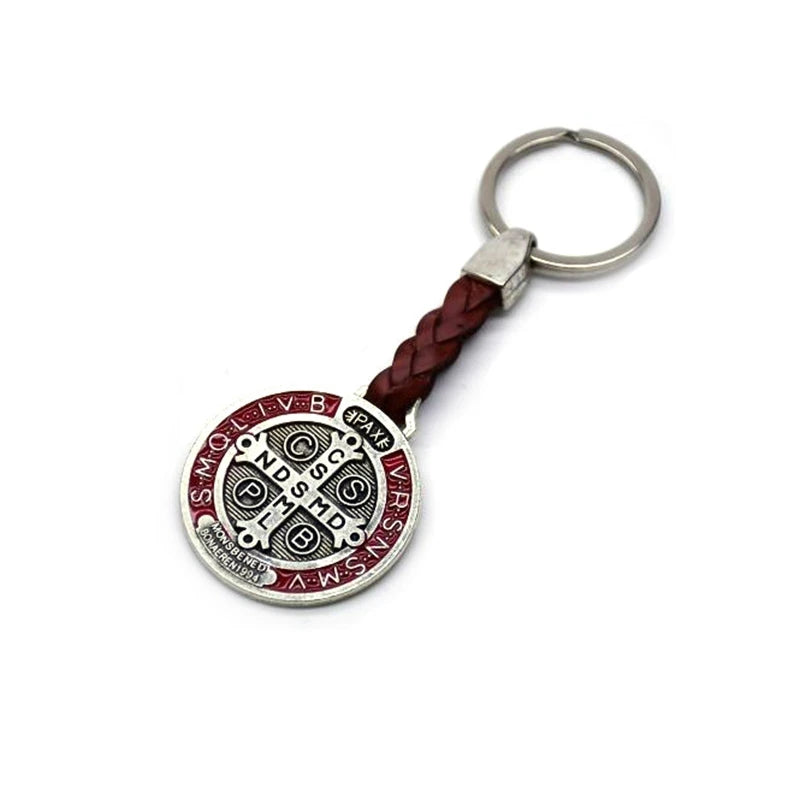 Saint Benedict Medal Keychain with Braided PU Leather Strap