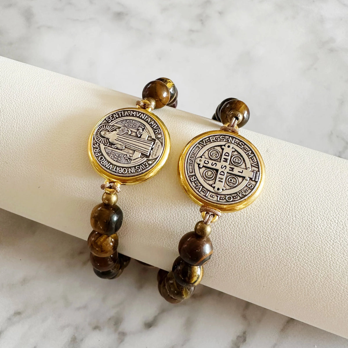 Saint Benedict Tiger Eye Bracelets – Set of 2