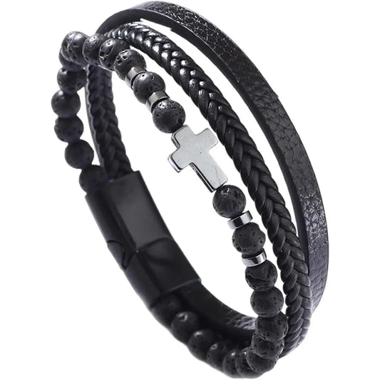 Men's Christian Cross Stone Bead Bracelet