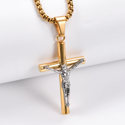 Collana con crocifisso in acciaio inossidabile e catena da 50 cm