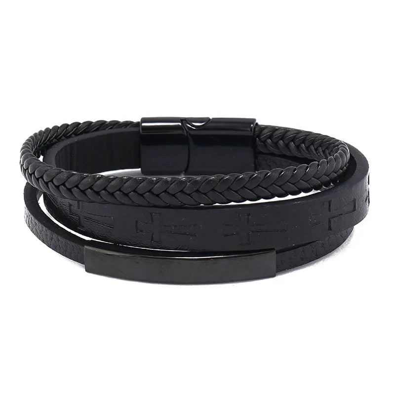 Two-Tone Layered Leather Cross Bracelet