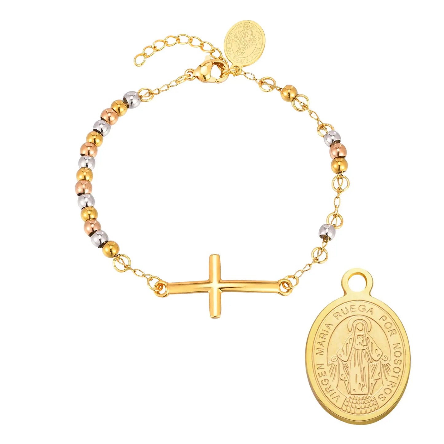 Pulseira Cruz e Medalha em Ouro