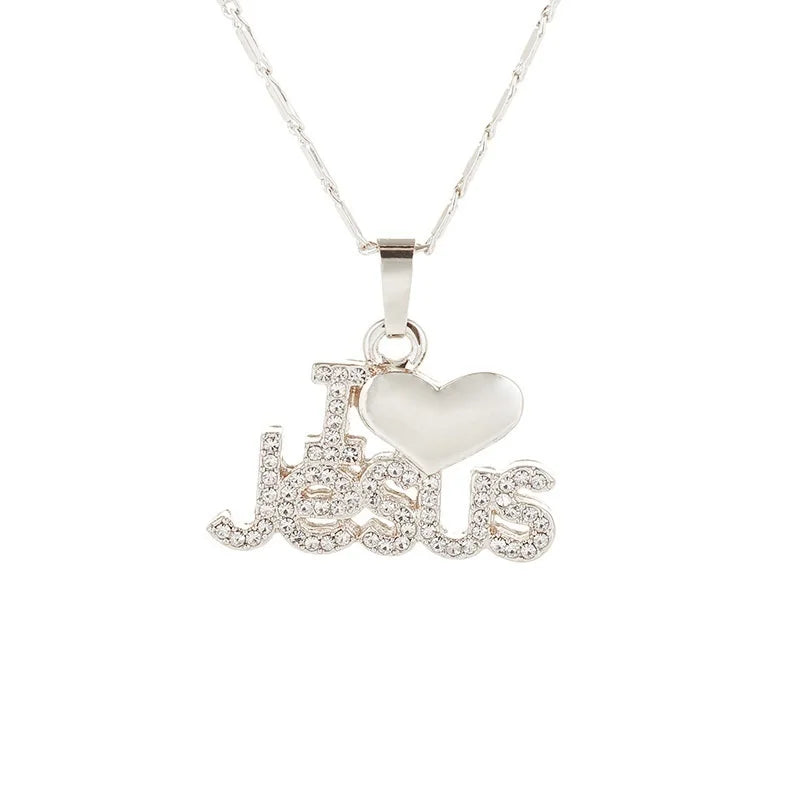 I Love Jesus Heart Necklace with Sparkling Lettering