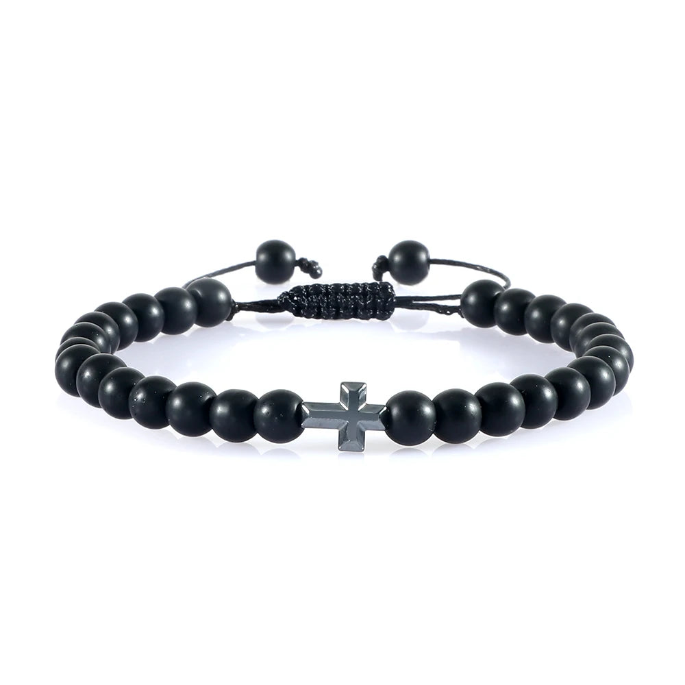 Verstellbares Perlenarmband mit Kreuz und geflochtener Kordel