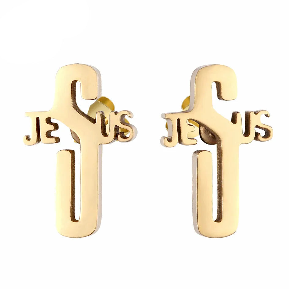 Jesus Script & Classic Cross Stud Earring