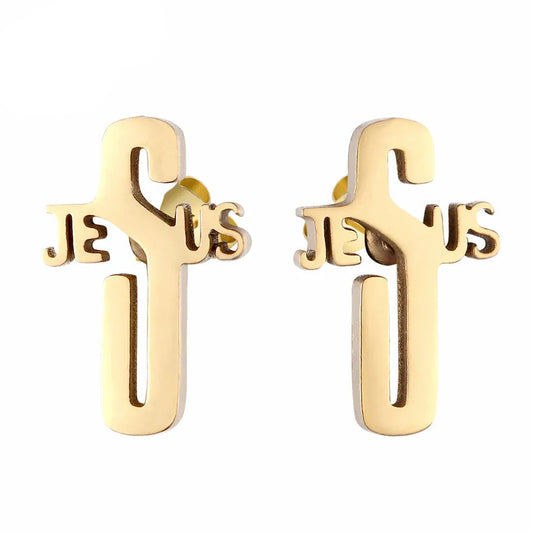Jesus Script & Classic Cross Stud Earring