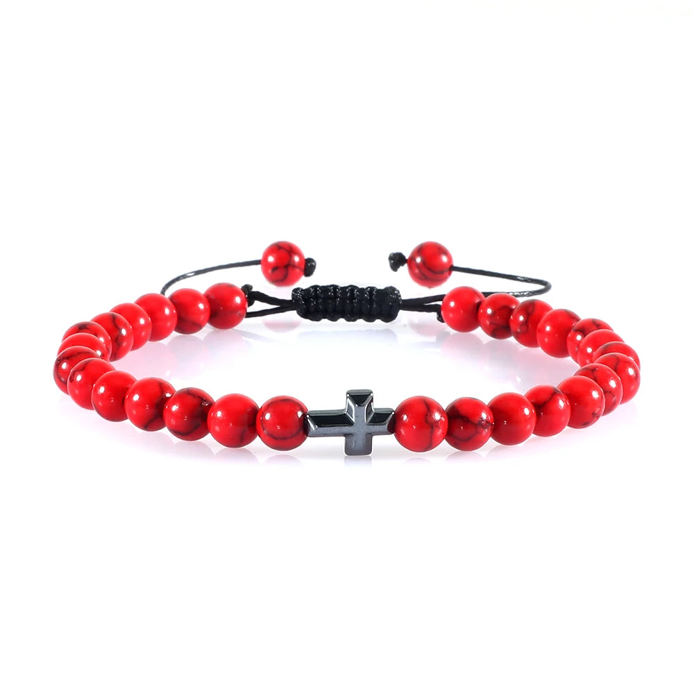 Verstellbares Perlenarmband mit Kreuz und geflochtener Kordel