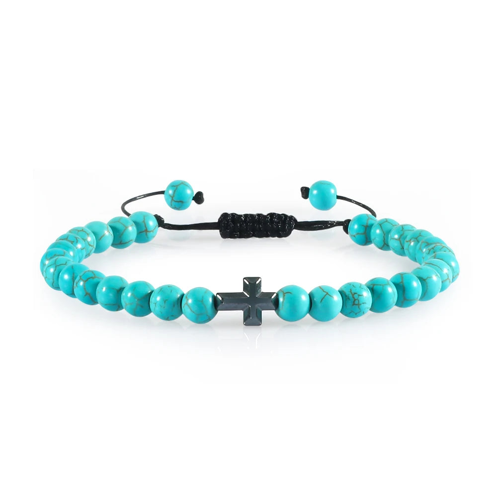 Verstellbares Perlenarmband mit Kreuz und geflochtener Kordel