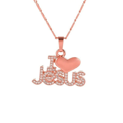 I Love Jesus Heart Necklace with Sparkling Lettering