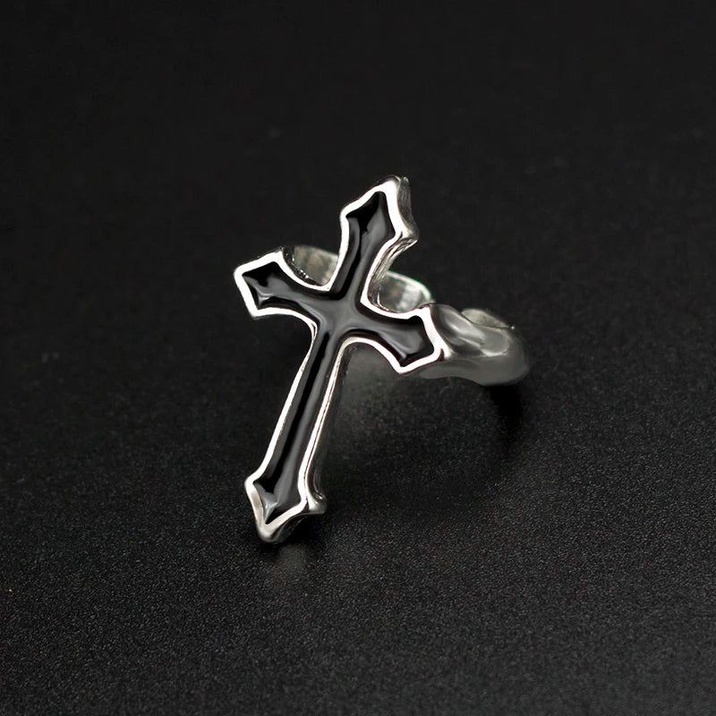1. Anillo abierto vintage grande con cruz negra para mujer, joyería de fiesta, anillo de metal gótico moderno para hombre, anillo para dedo