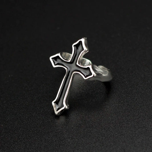 1. Anel aberto vintage preto com cruz grande para mulheres, joia de festa, anel gótico moderno masculino de metal, anillo