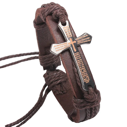 Pulseira ajustável de couro com cruz
