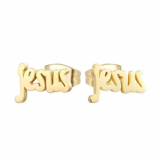 Jesus Script & Classic Cross Stud Earring