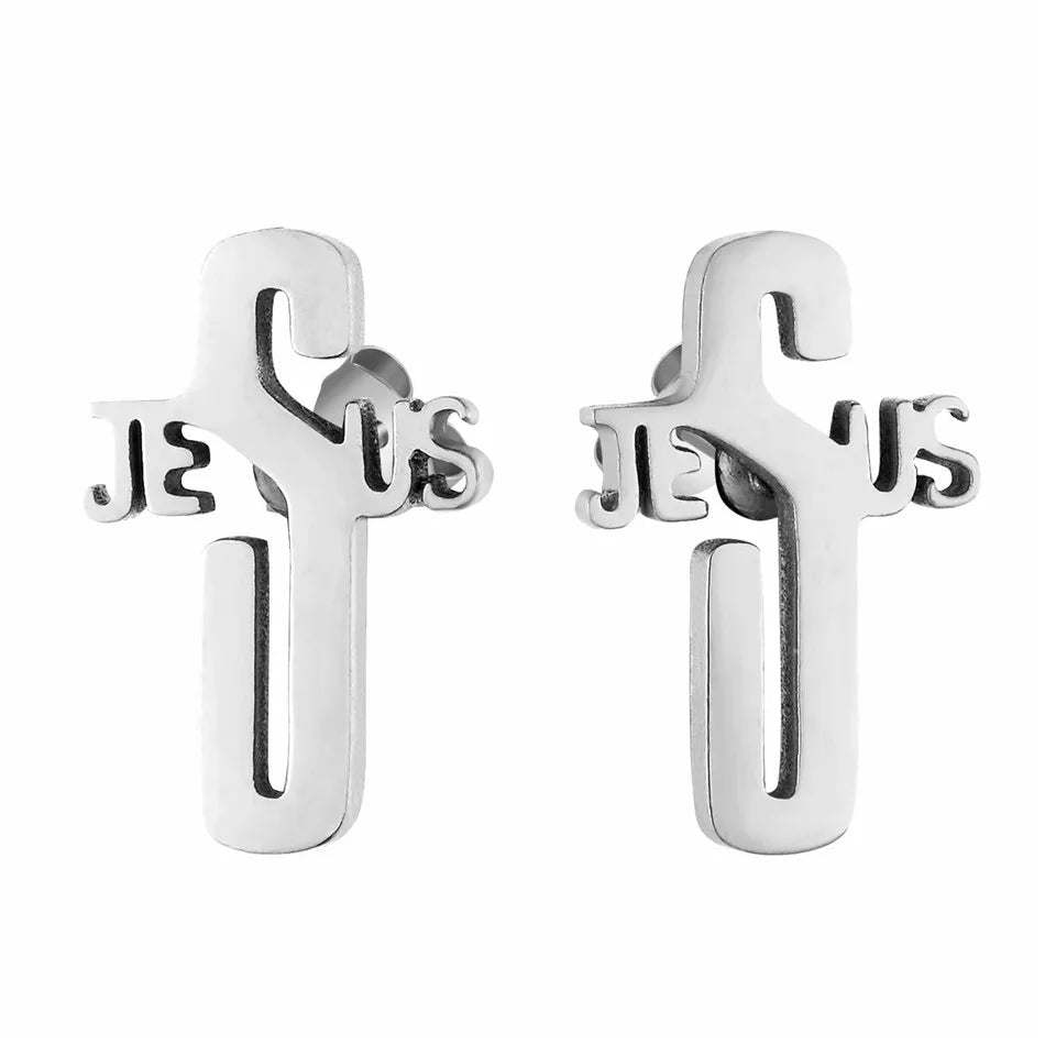 Jesus Script & Classic Cross Stud Earring