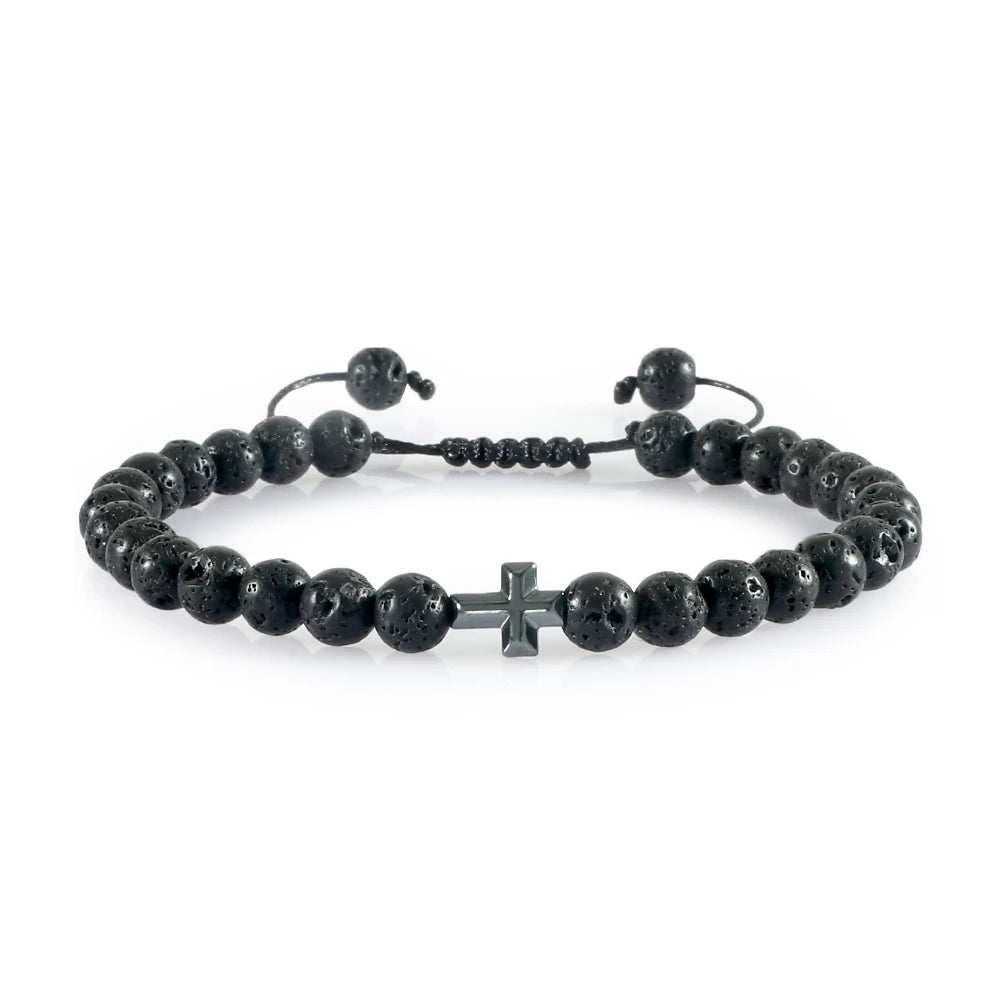 Verstellbares Perlenarmband mit Kreuz und geflochtener Kordel
