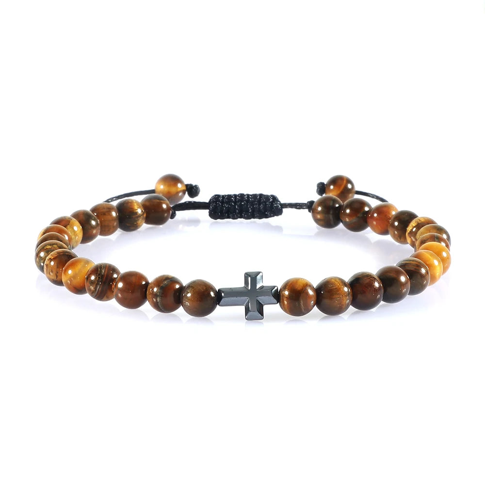 Verstellbares Perlenarmband mit Kreuz und geflochtener Kordel