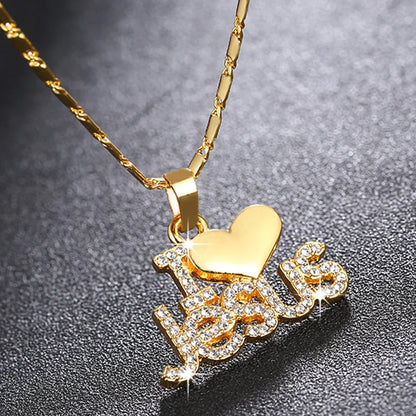 I Love Jesus Heart Necklace with Sparkling Lettering