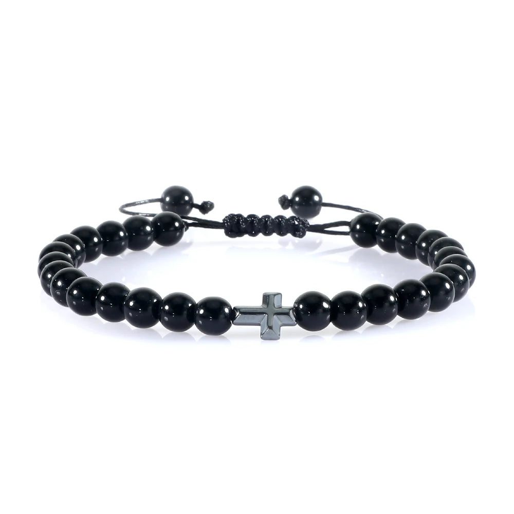 Verstellbares Perlenarmband mit Kreuz und geflochtener Kordel