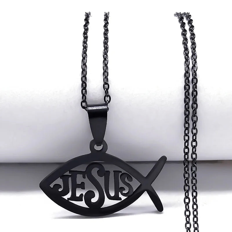 Colar com pingente de peixe Jesus Ichthys