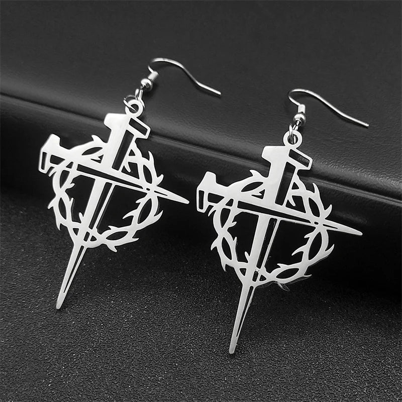 Crown of Thorns Cross Drop Earrings