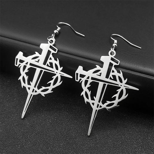 Crown of Thorns Cross Drop Earrings