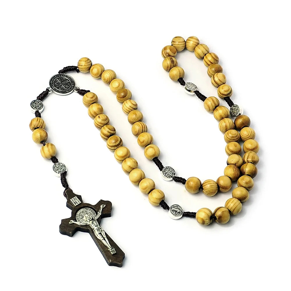 Christian Wood Bead Rosary Necklace with Virgin Mary Cross