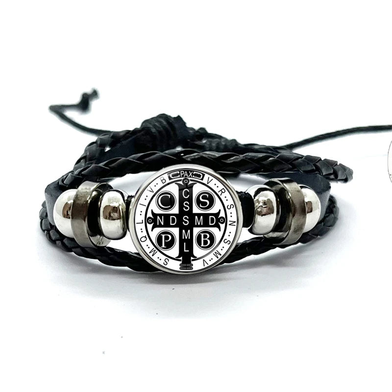 Benediktusmedaillen-Armband mit schwarzen geflochtenen Bändern