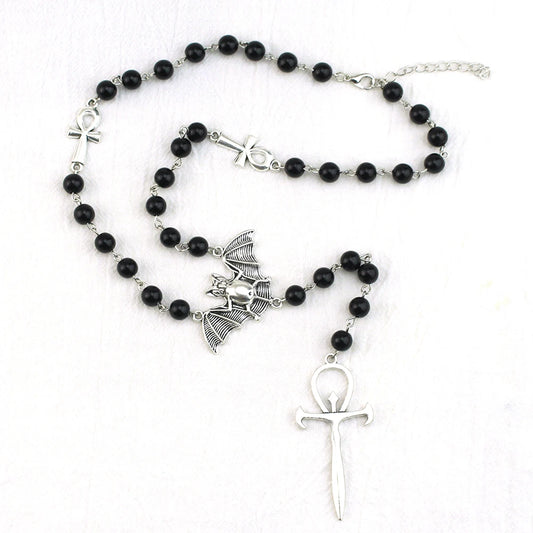Gothic Bat Necklace – Black Beads with Ankh or Cross Pendant