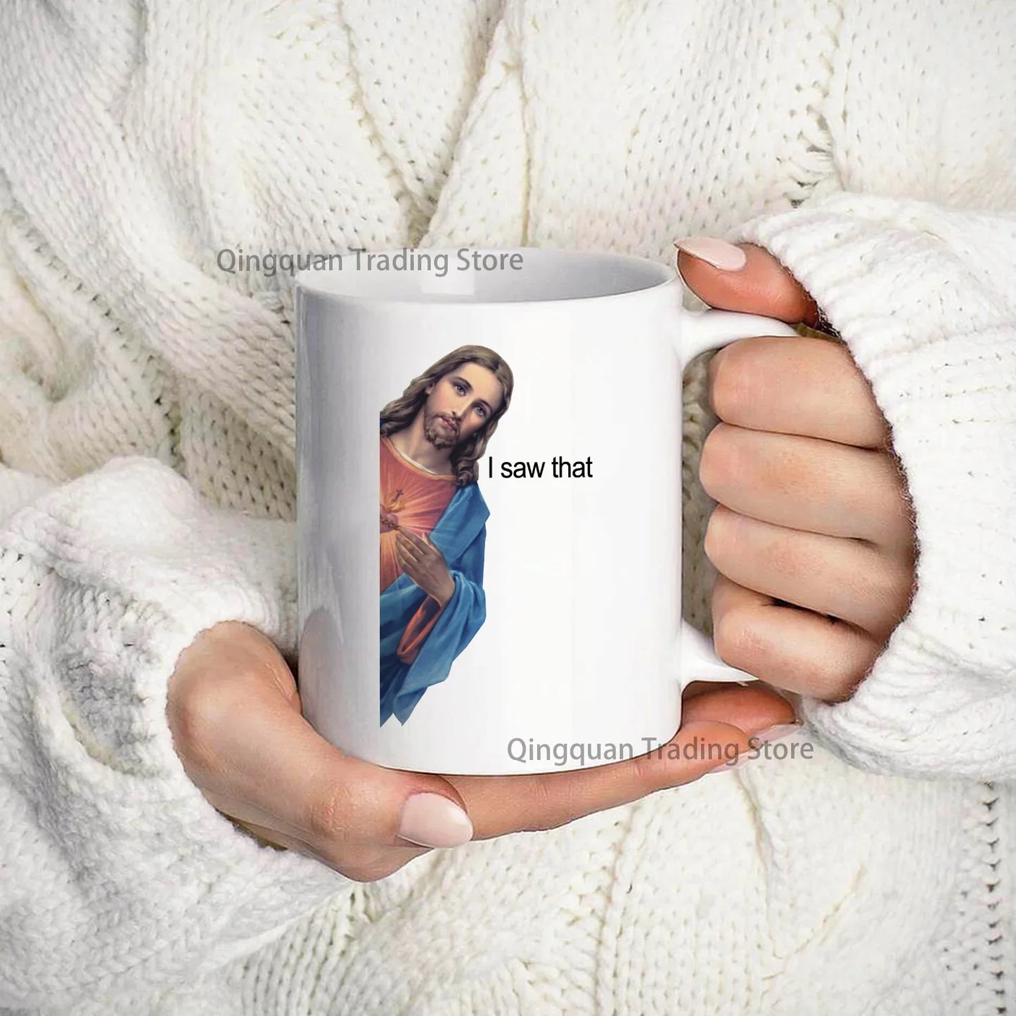 Humorous Jesus Peeking Enamel Mug
