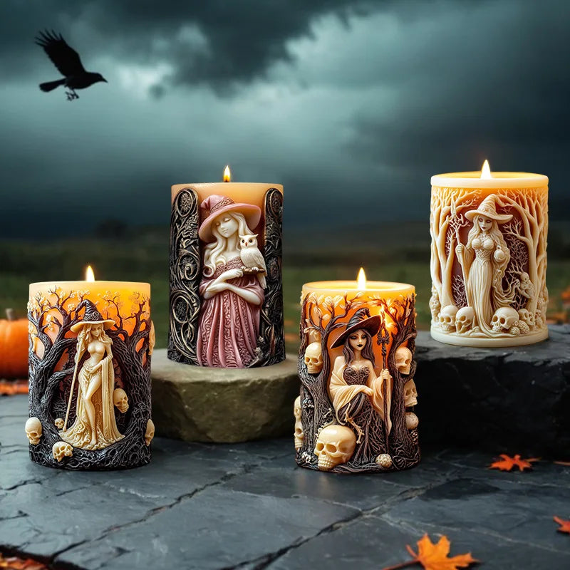 Witch and Skull Pillar Candle