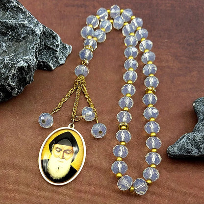 1. Ciondolo per auto con medaglia in vetro di San Charbel della Chiesa ortodossa, per donna e uomo, amuleto in acciaio inossidabile color oro, grani da preghiera, gioiello regalo