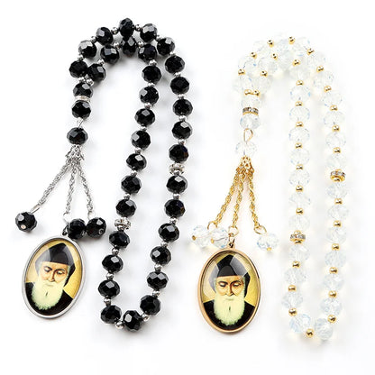 1. Ciondolo per auto con medaglia in vetro di San Charbel della Chiesa ortodossa, per donna e uomo, amuleto in acciaio inossidabile color oro, grani da preghiera, gioiello regalo