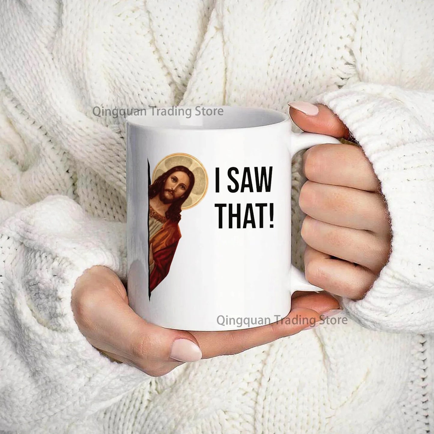 Humorous Jesus Peeking Enamel Mug