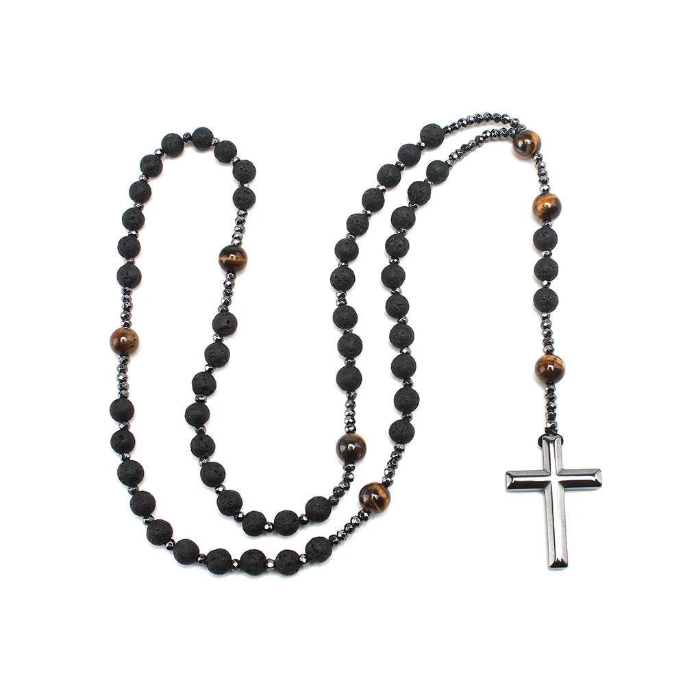 Christian Lava Stone Cross Rosary Necklace