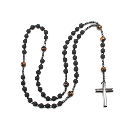 Christian Lava Stone Cross Rosary Necklace