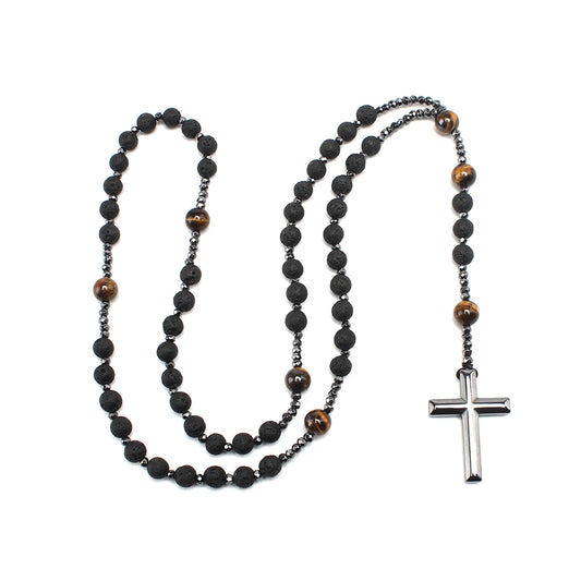 Christian Lava Stone Cross Rosary Necklace