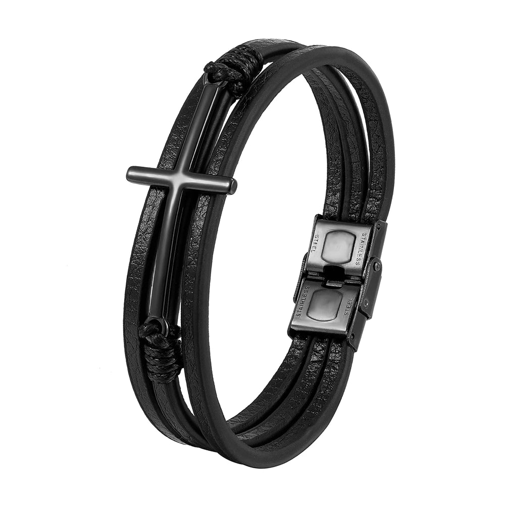 Pulseira Cruzada de Couro Multicamadas